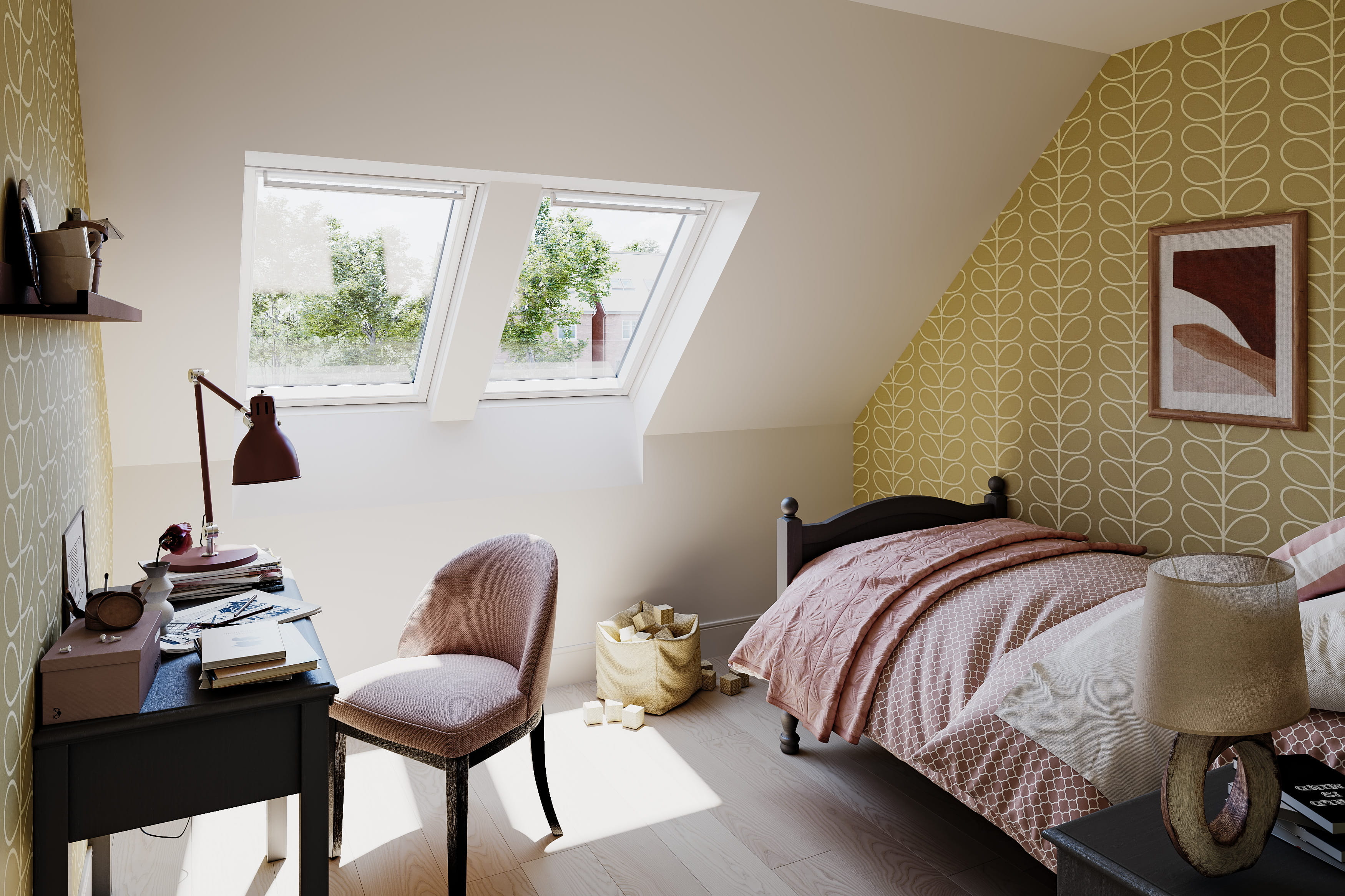 Furnished room with two roof windows side by side with daylight coming in